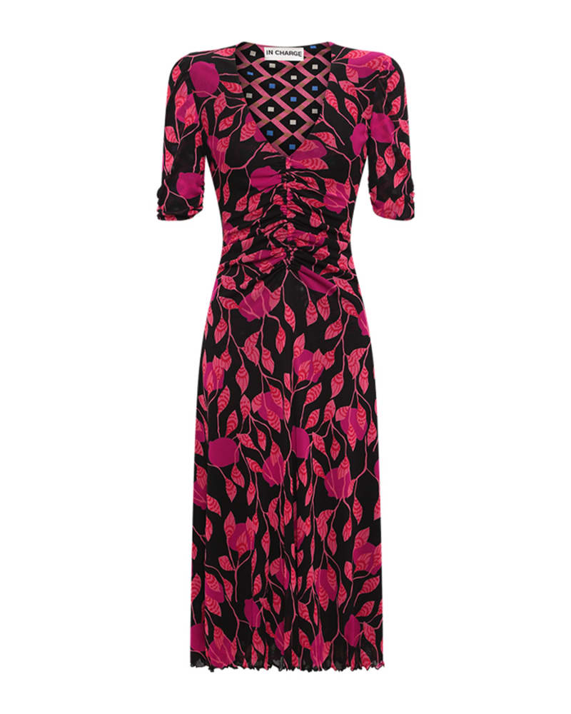 Front of a size XL DVF KOREN REVERSIBLE DRESS in LANTERN LEAVES PK/DIA CUBES PK by Diane von Furstenberg. | dia_product_style_image_id:324850